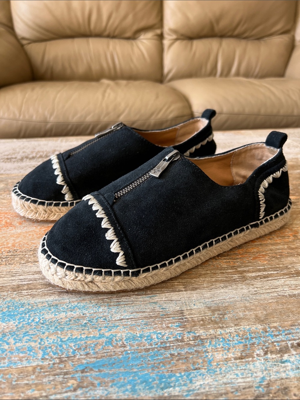 Patricia Nash Black Suede Espadrille Slip-On with Cream Stitching Size 6.5